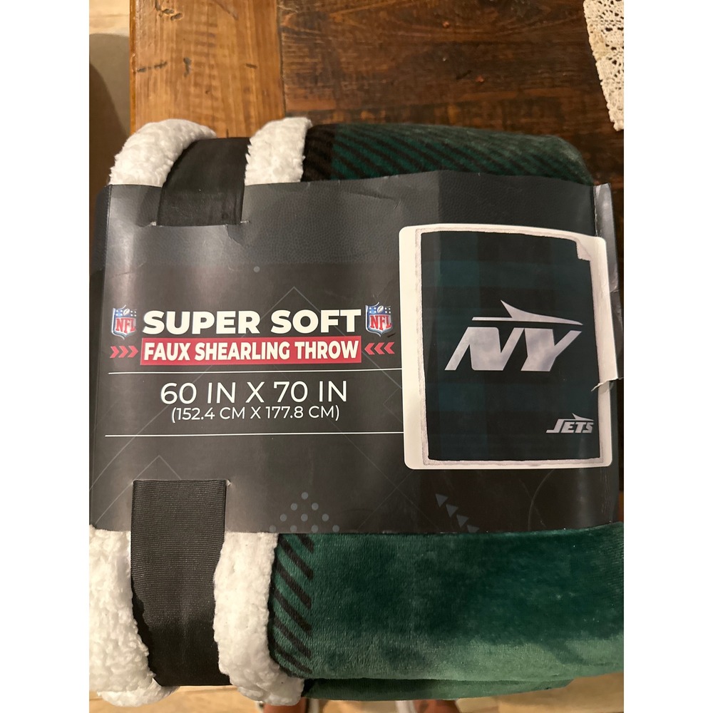 NFL New York Jets Super Soft Faux Shearling Throw‎ Blanket Green Plaid 60x70 NY
